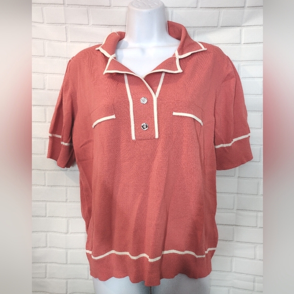 New York & Company Eva Mendes Orange Coral Salamander Collared Shirt - Picture 2 of 6